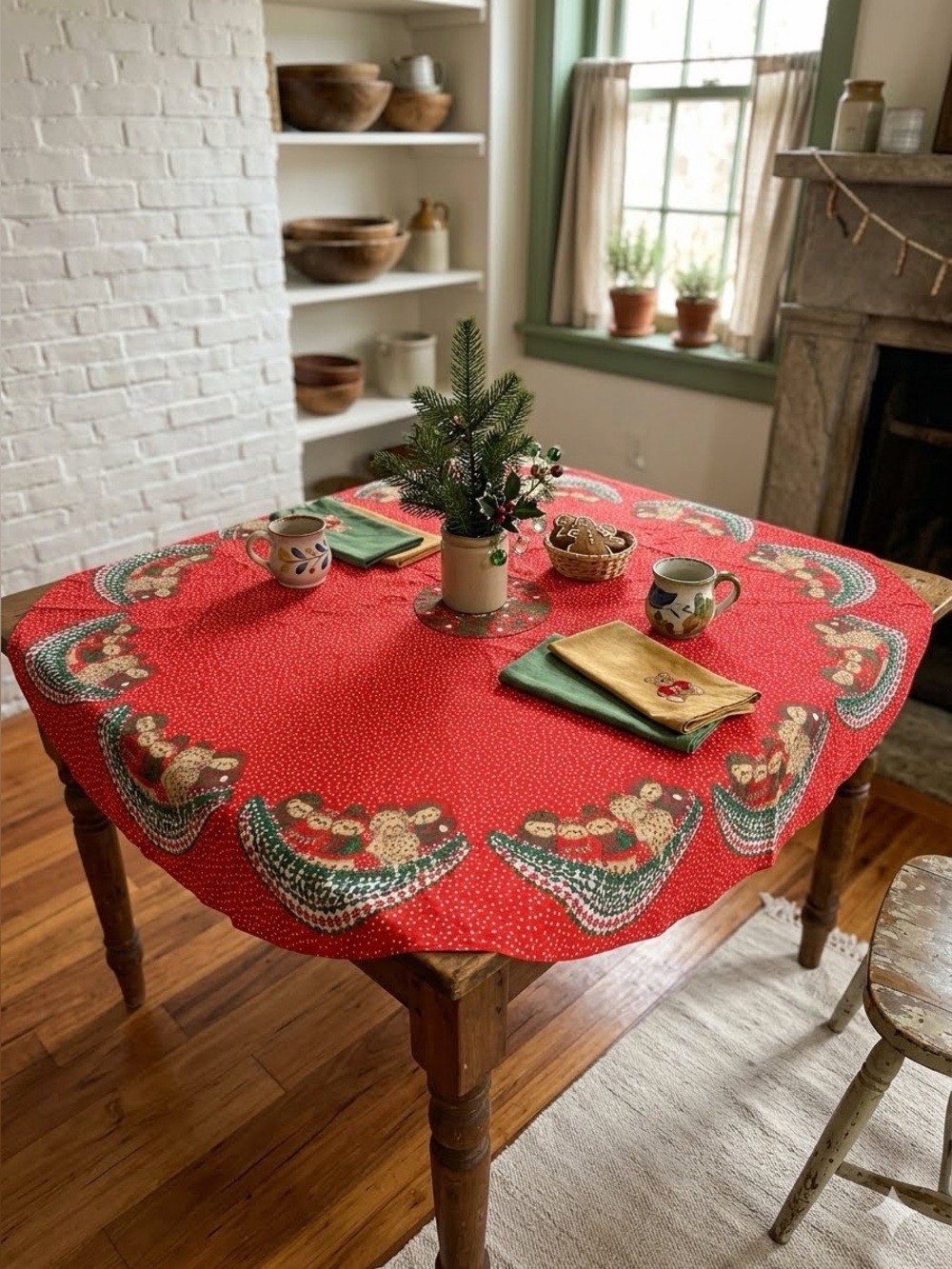 VTG Leacock & Co Lucy Rigg Christmas Teddy Bear Round Tablecloth 51x51 DIY